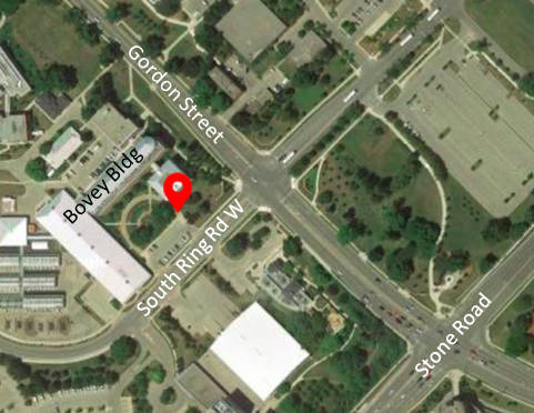 A map indicating the location of the Bovey building at the NW corner of the intersection of Gordon Street and South Ring Road W